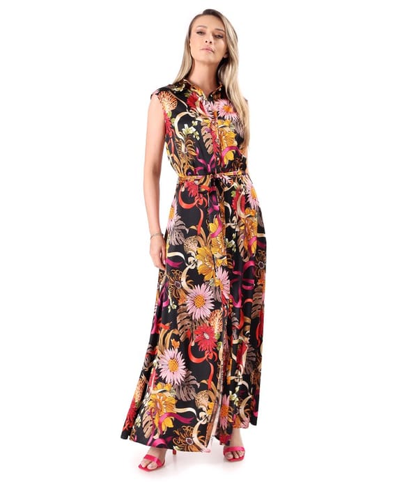Rochie lunga din viscoza satinata imprimata cu motive florale