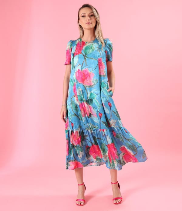 Rochie midi lejera din viscoza cu matase naturala imprimata cu motive florale