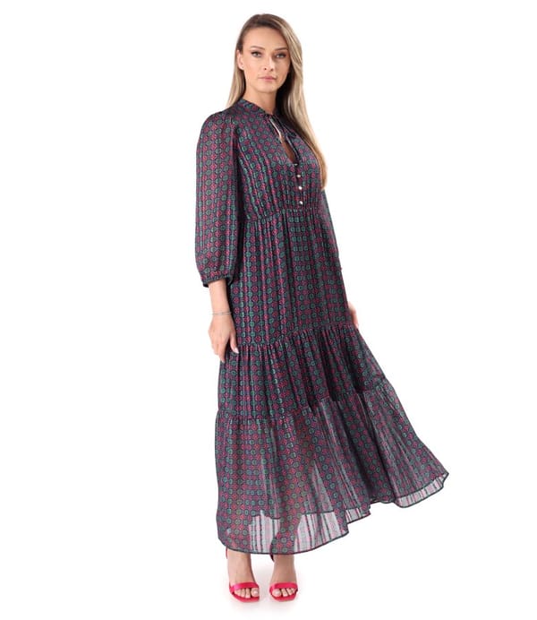 Rochie lunga cu volane din voal cu fir de lurex