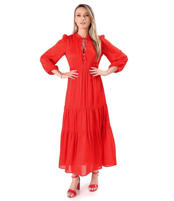 Rochie lunga cu volane din voal uni