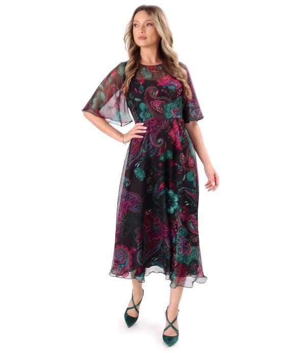 Rochie midi din voal fin imprimat cu motive florale