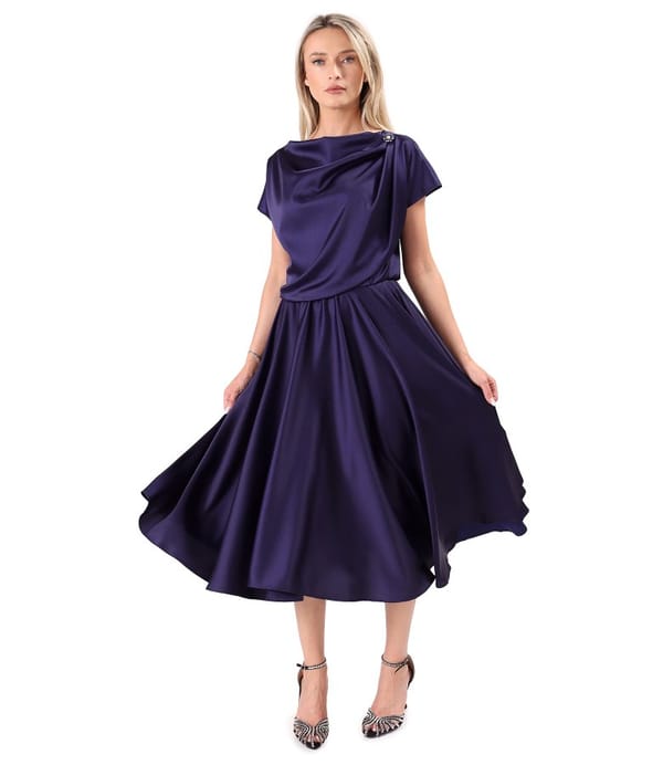 Rochie midi din satin elastic cu decolteu barcuta
