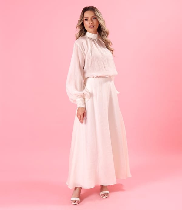 Tinuta eleganta cu fusta lunga si bluza din tencel