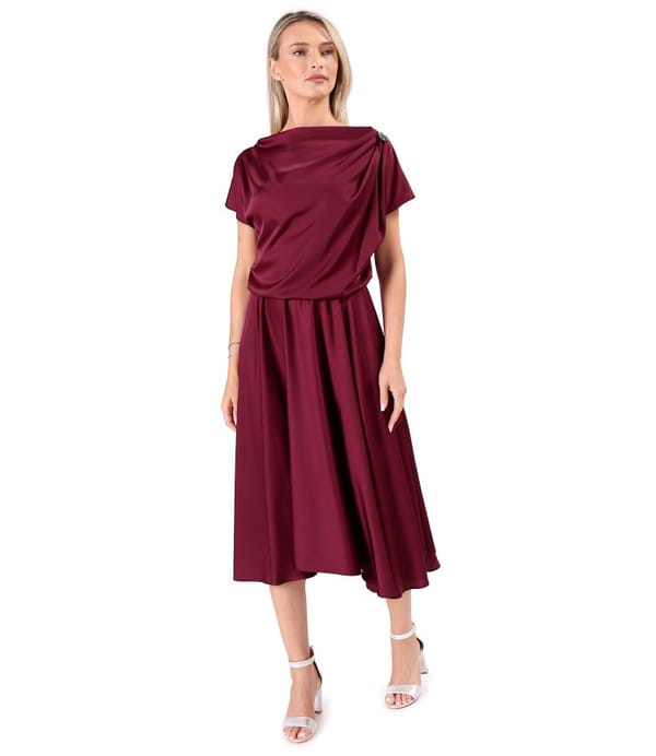 Rochie midi din satin elastic cu decolteu barcuta