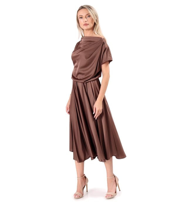 Rochie midi din satin elastic cu decolteu barcuta