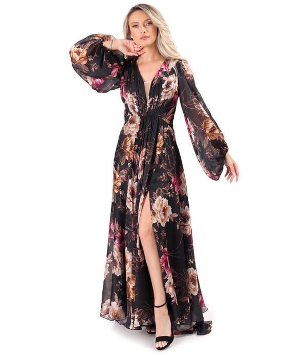 Rochie lunga de seara din voal imprimat cu motive florale
