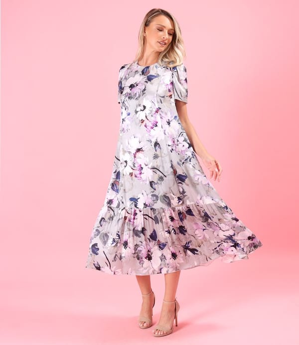 Rochie midi lejera din viscoza cu matase naturala imprimata cu motive florale