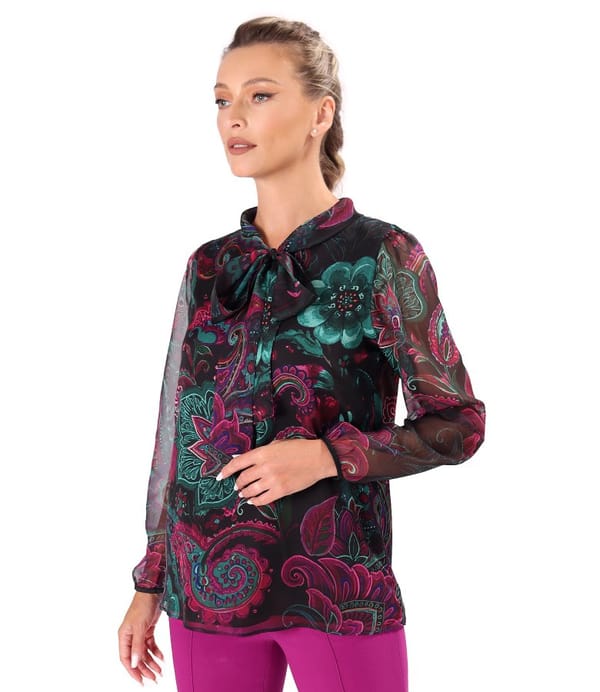 Bluza cu maneci lungi si guler tip esarfa din voal imprimat
