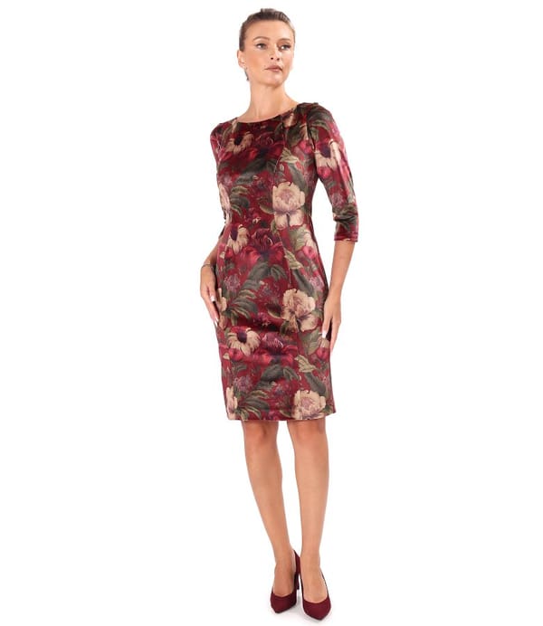 Rochie eleganta din catifea densa imprimata cu motive florale