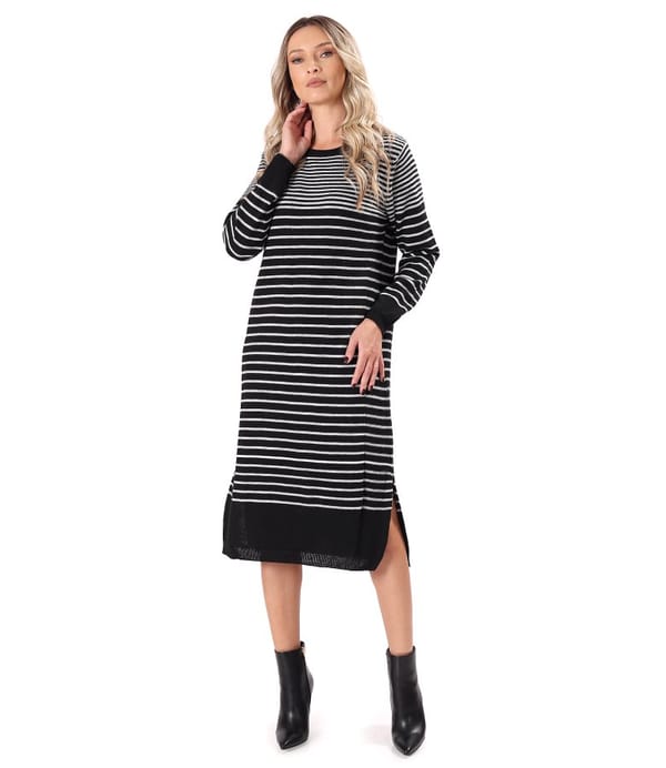 Rochie midi tricotata in dungi cu slituri laterale