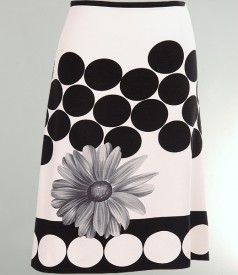 Fusta jerse alb negru cu floare imprimata