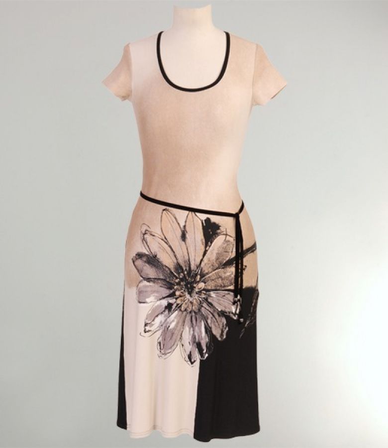 Rochie din jerse bej cu imprimeu floral