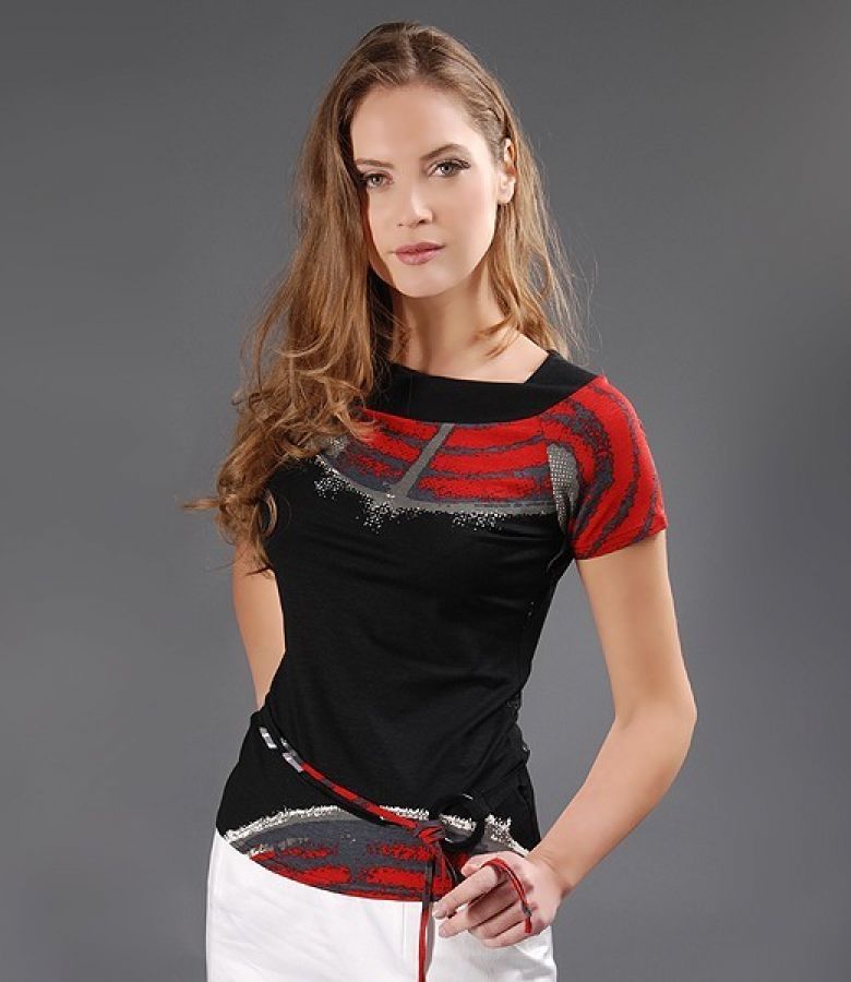 Tricou imprimeu gri negru rosu cu cordon
