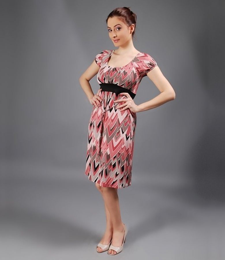 Rochie din jerse cu imprimeu geometric incretita in talie