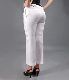 Pantaloni din in alb cu buzunare