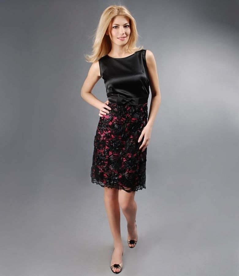 Rochie din saten si dantela cu funda