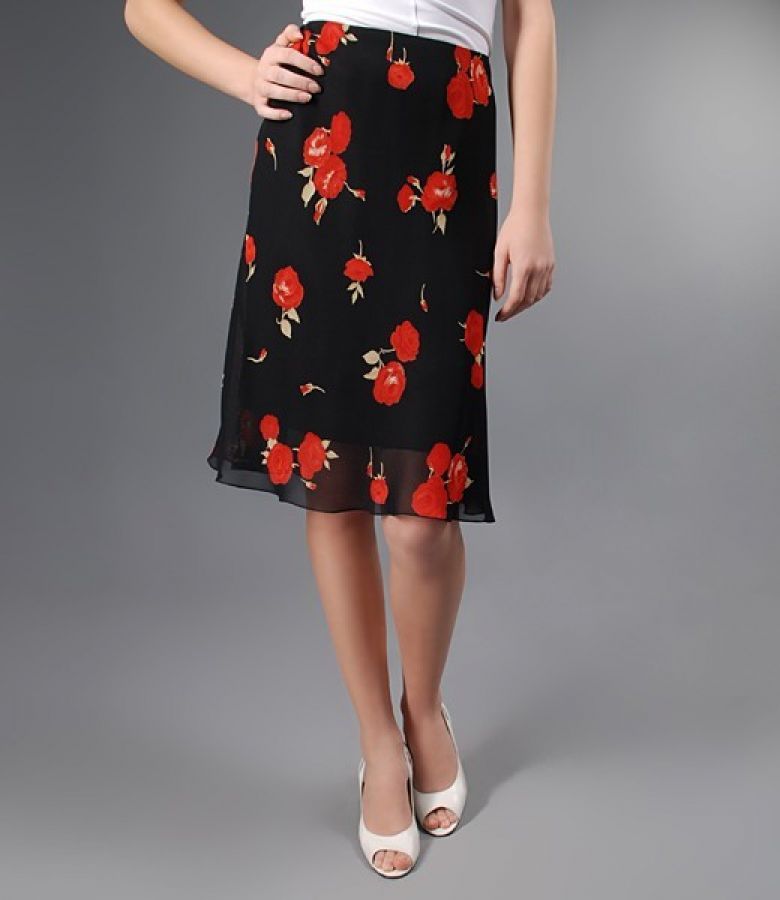 Fusta voal negru cu imprimeu floral