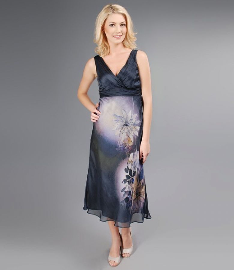 Rochie fluida din matase gri-petrol cu imprimeu floral