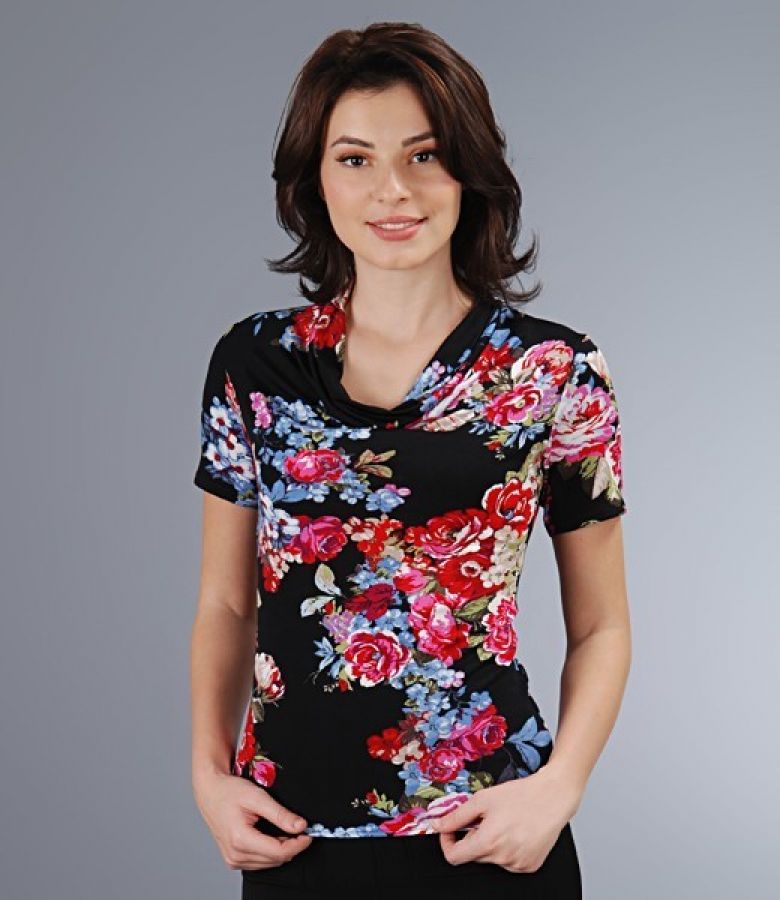 Tricou din jerse elastic imprimat cu falduri