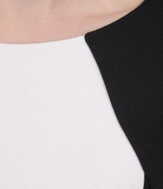 Rochie din jerse elastic cu insertie alb-ecru si accesoriu
