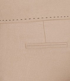 Pantaloni din viscoza bej cu tighel contrast