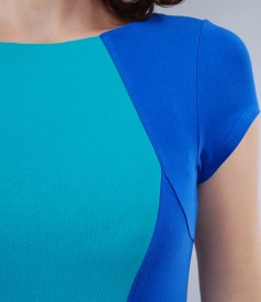 Rochie din jerse elastic cu insertie turquoise si accesoriu