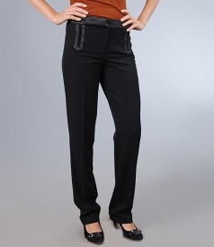 Pantaloni office din stofa elastica neagra cu garnitura saten