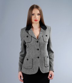 Sacou office din tweed cu garnitura si buzunare