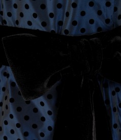 Rochie de seara din tafta bleumarin cu picouri si cordon de catifea