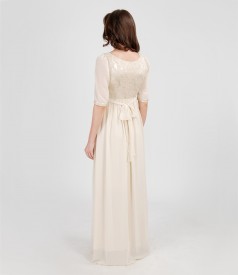 Rochie de seara lunga din brocart elastic si voal