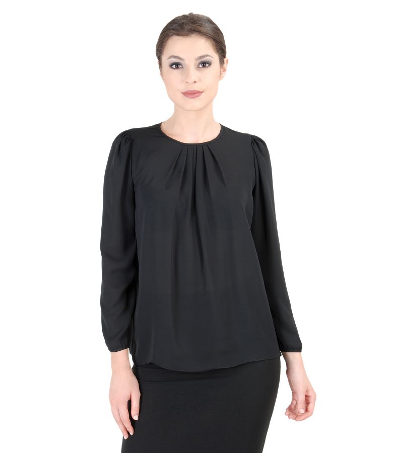 Bluza din voal cu falduri negru - YOKKO