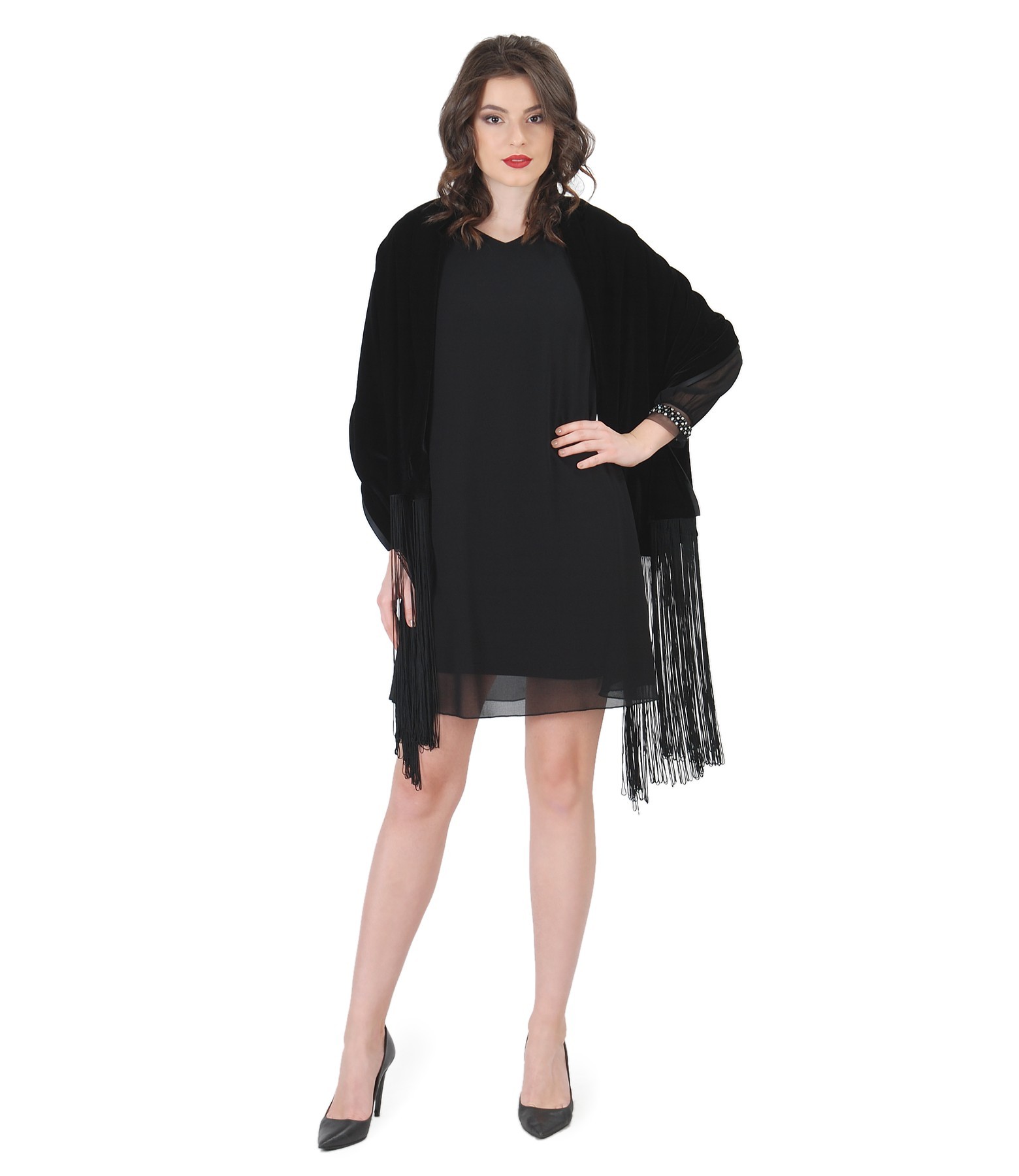 Rochie De Seara Scurta Din Voal Cu Sal De Catifea Cu Franjuri Yokko