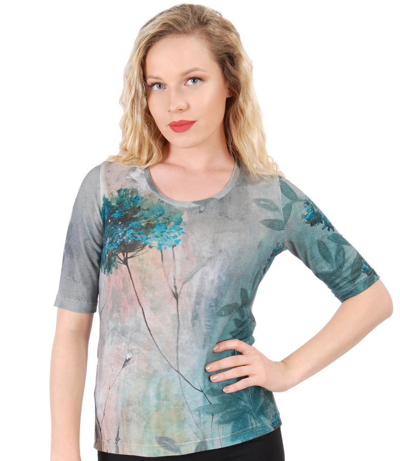 Bluza din jerse elastic imprimat cu motive florale