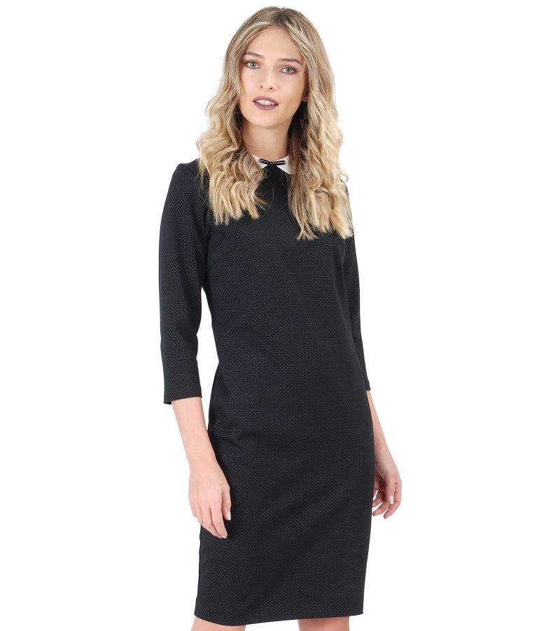 Rochie cu guler alb si fundita din jerse elastic gros