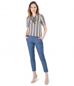 Pantaloni din bumbac tip denim si bluza din viscoza in dungi