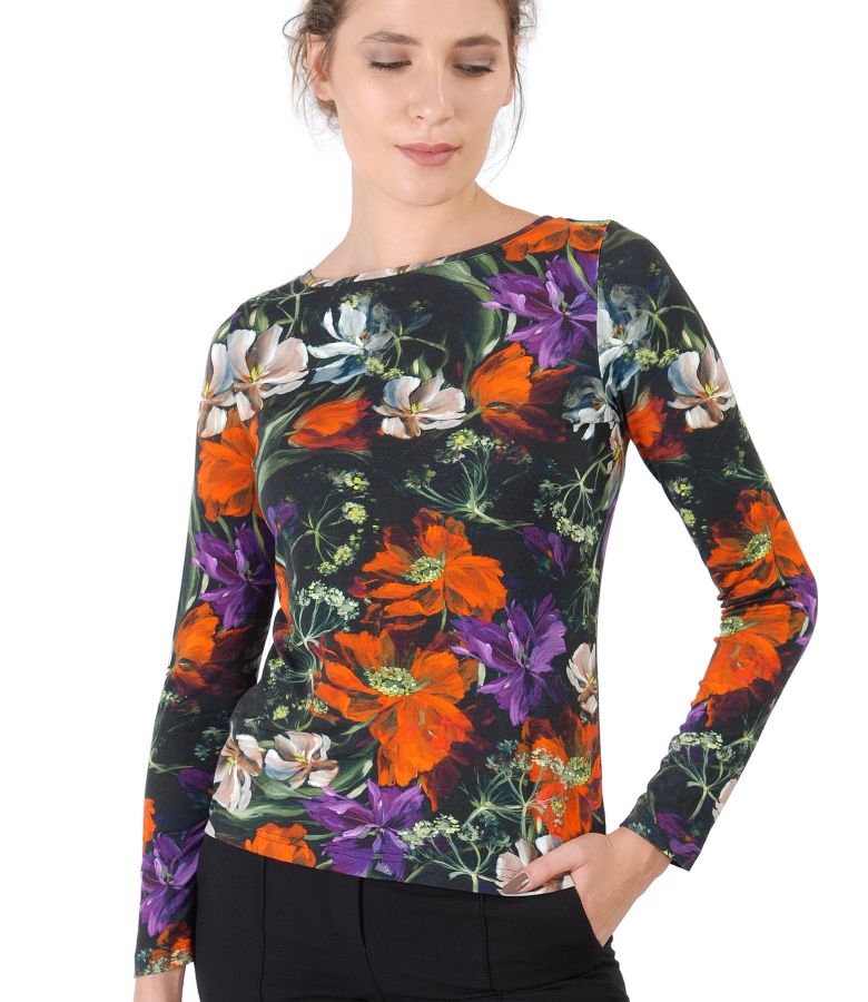 Bluza din jerse elastic imprimat cu motive florale