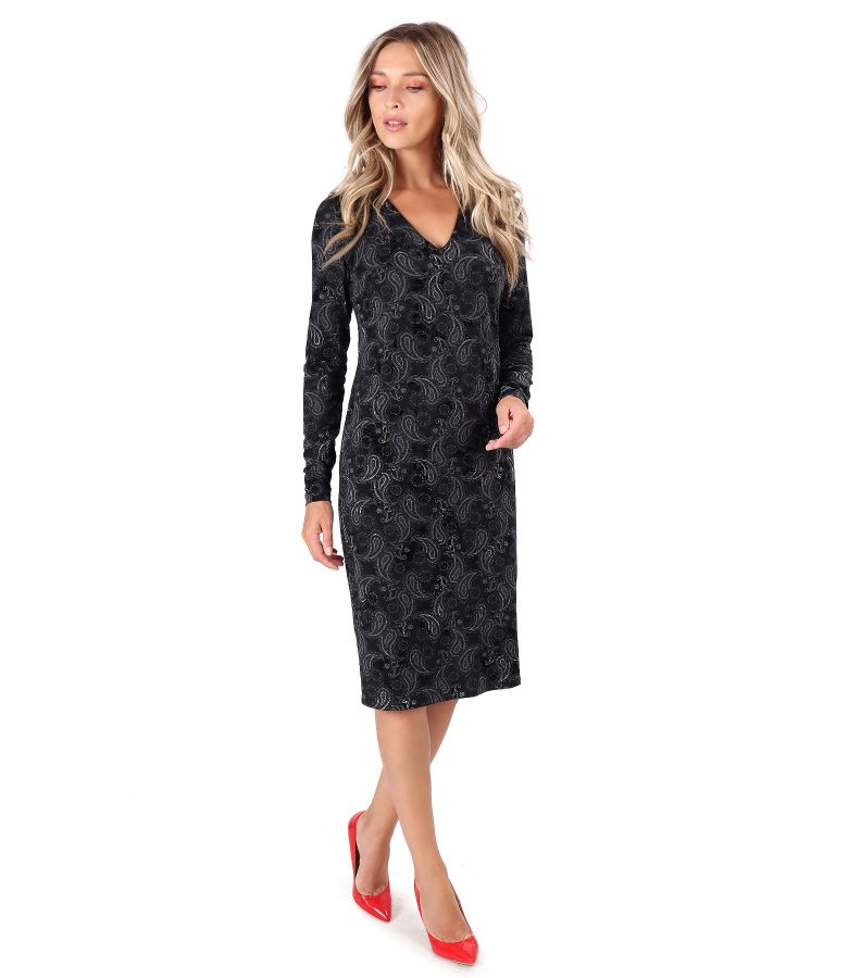 Rochie midi din jerse elastic gros imprimat cu motive paisley