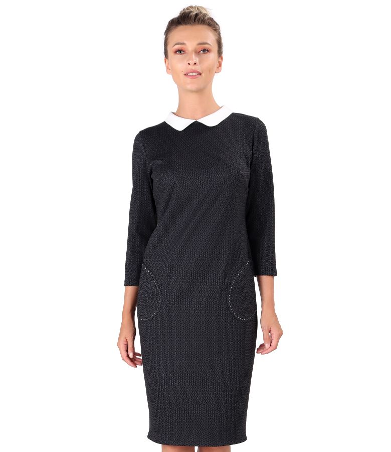 Rochie office din jerse elastic gros si guler alb