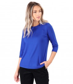 Bluza din jerse elastic uni cu rips la decolteu si maneca