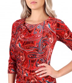 Rochie din catifea elastica imprimata paisley cu falduri pe fata