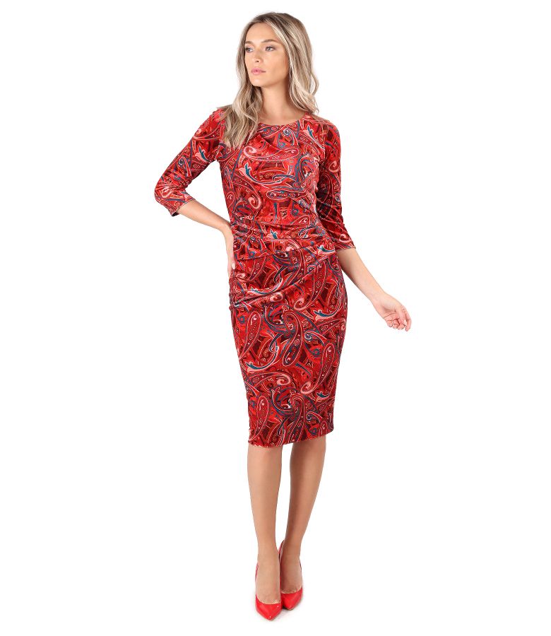 Rochie din catifea elastica imprimata paisley cu falduri pe fata