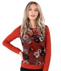 Bluza cu fata din jerse brocat cu motive florale din catifea