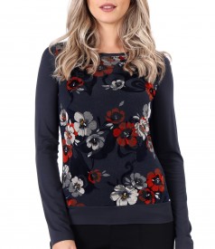 Bluza cu fata din jerse brocat cu motive florale din catifea