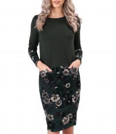 Rochie midi din jerse elastic flausat si catifea brocata cu motive florale