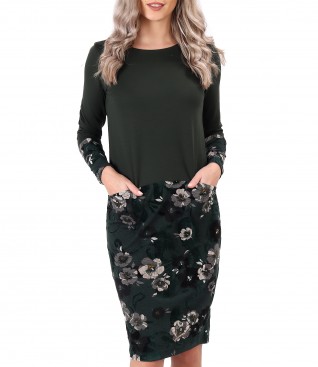 Rochie midi din jerse elastic flausat si catifea brocata cu motive florale