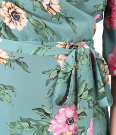 Rochie imprimata cu motive florale si cordon in talie