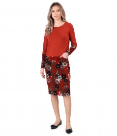 Rochie midi din jerse elastic si catifea brocata cu motive florale