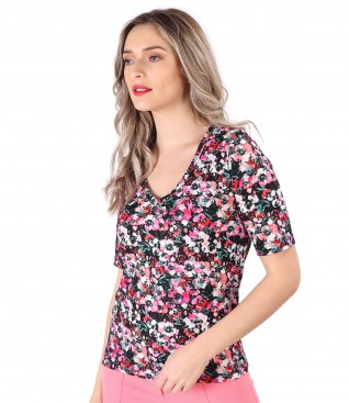 Bluza din jerse elastic subtire imprimat cu motive florale