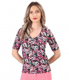 Bluza din jerse elastic subtire imprimat cu motive florale