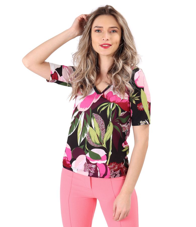 Bluza din jerse elastic subtire imprimat cu motive florale